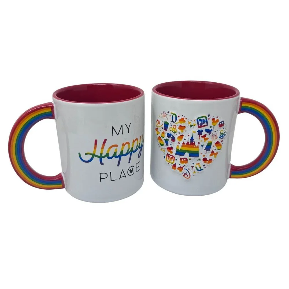 Pair of Disney Parks MY HAPPY PLACE Rainbow Mug Coffee Cup Disneyland 2020 PRIDE